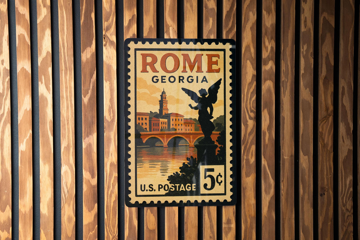 Rome Georgia Metal Sign – Vintage Postage Stamp Design Featuring Historic City Landmarks and Southern Charm Décor — photo 1