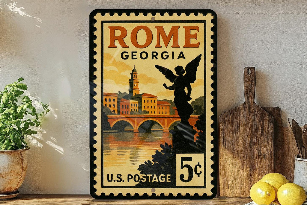 Rome Georgia Metal Sign – Vintage Postage Stamp Design Featuring Historic City Landmarks and Southern Charm Décor — photo 2