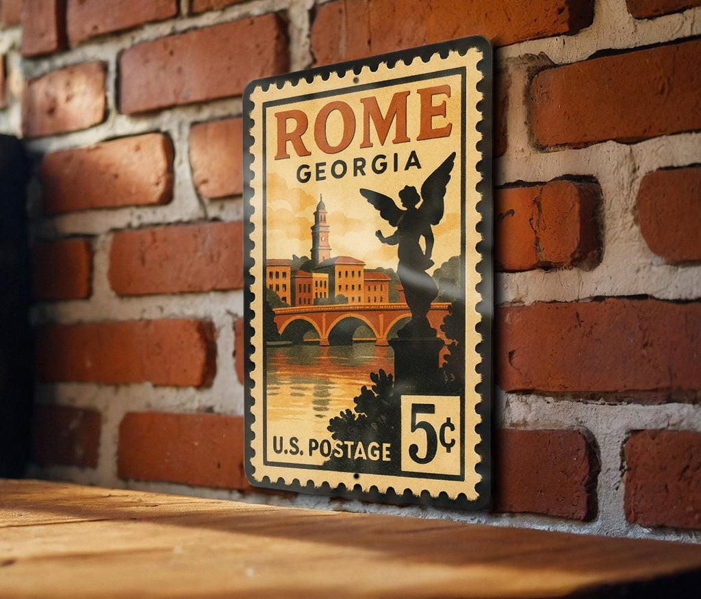 Rome Georgia Metal Sign – Vintage Postage Stamp Design Featuring Historic City Landmarks and Southern Charm Décor — photo 3