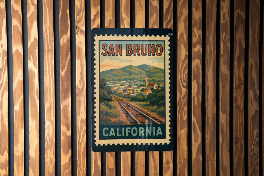 San Bruno California Metal Sign – Retro Postage Stamp Design Featuring Scenic City Landmarks and Vintage Travel Theme — photo 1