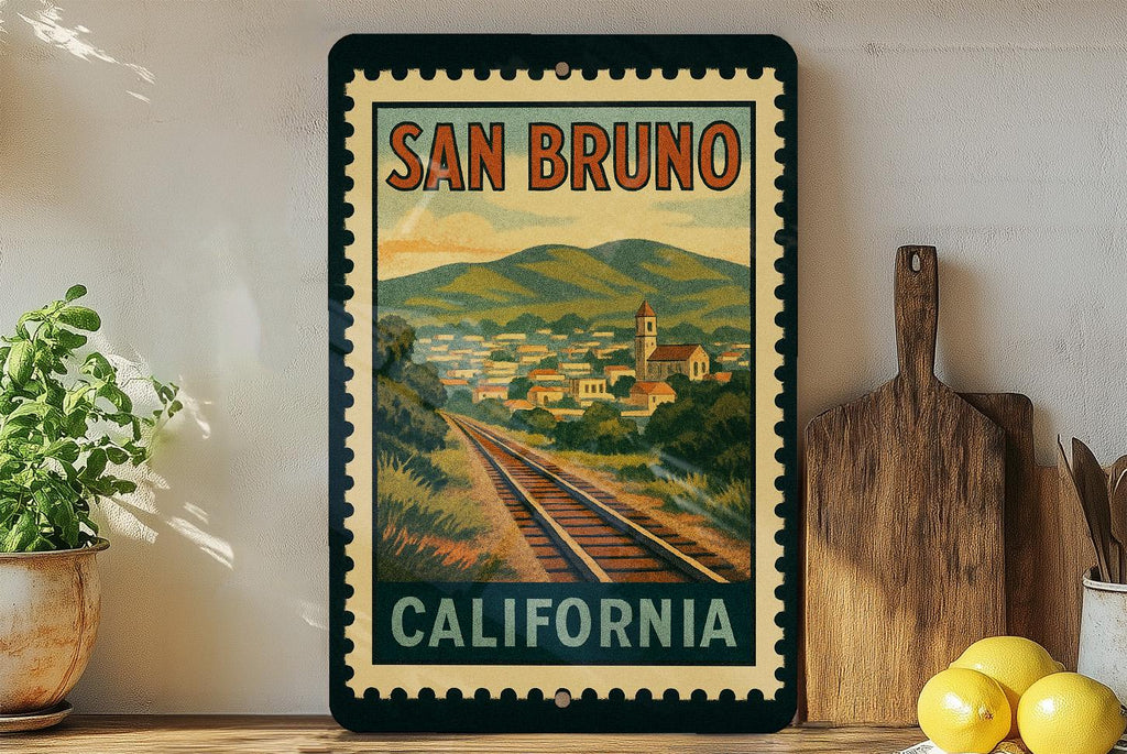 San Bruno California Metal Sign – Retro Postage Stamp Design Featuring Scenic City Landmarks and Vintage Travel Theme — photo 3