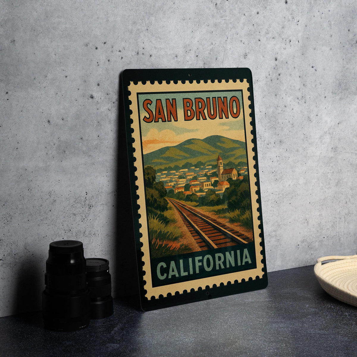 San Bruno California Metal Sign – Retro Postage Stamp Design Featuring Scenic City Landmarks and Vintage Travel Theme — photo 4