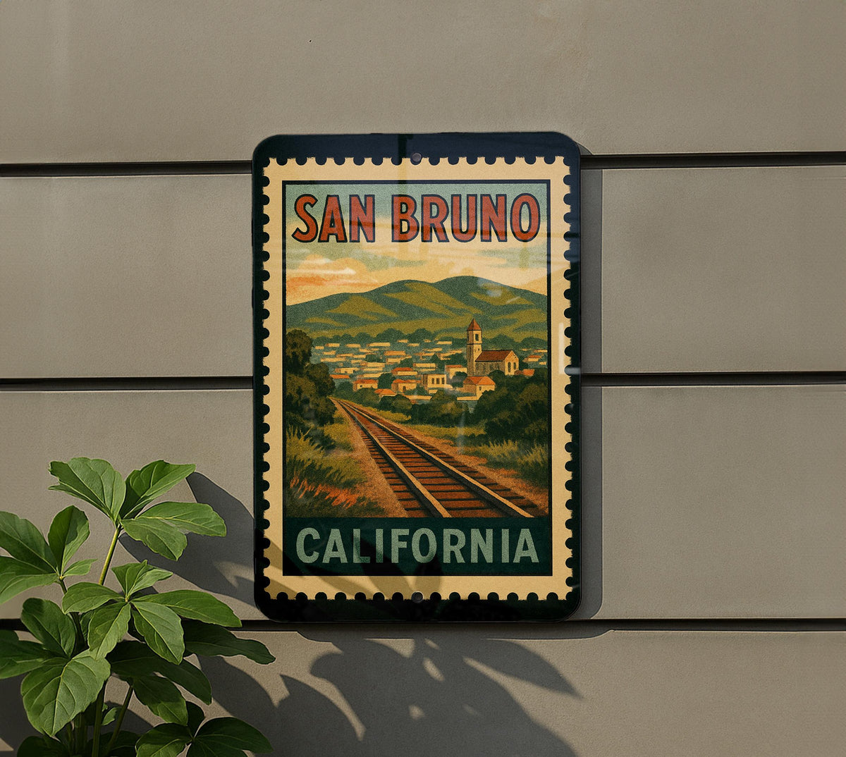 San Bruno California Metal Sign – Retro Postage Stamp Design Featuring Scenic City Landmarks and Vintage Travel Theme — photo 5