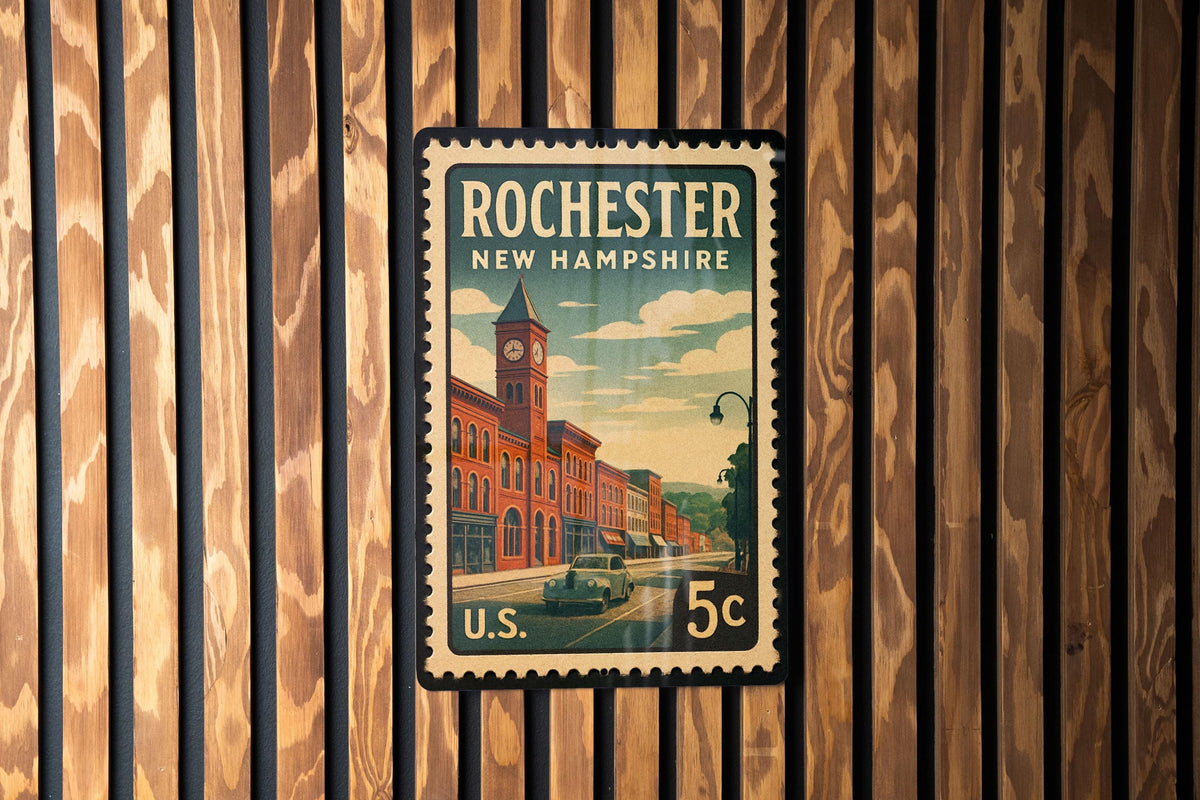 Rochester New Hampshire Metal Sign – Retro Postage Stamp Design Featuring City Name and Scenic Elements — photo 2