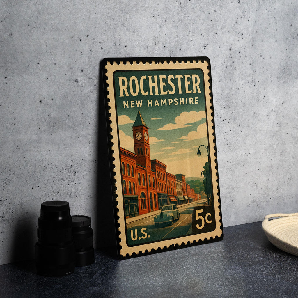 Rochester New Hampshire Metal Sign – Retro Postage Stamp Design Featuring City Name and Scenic Elements — photo 4