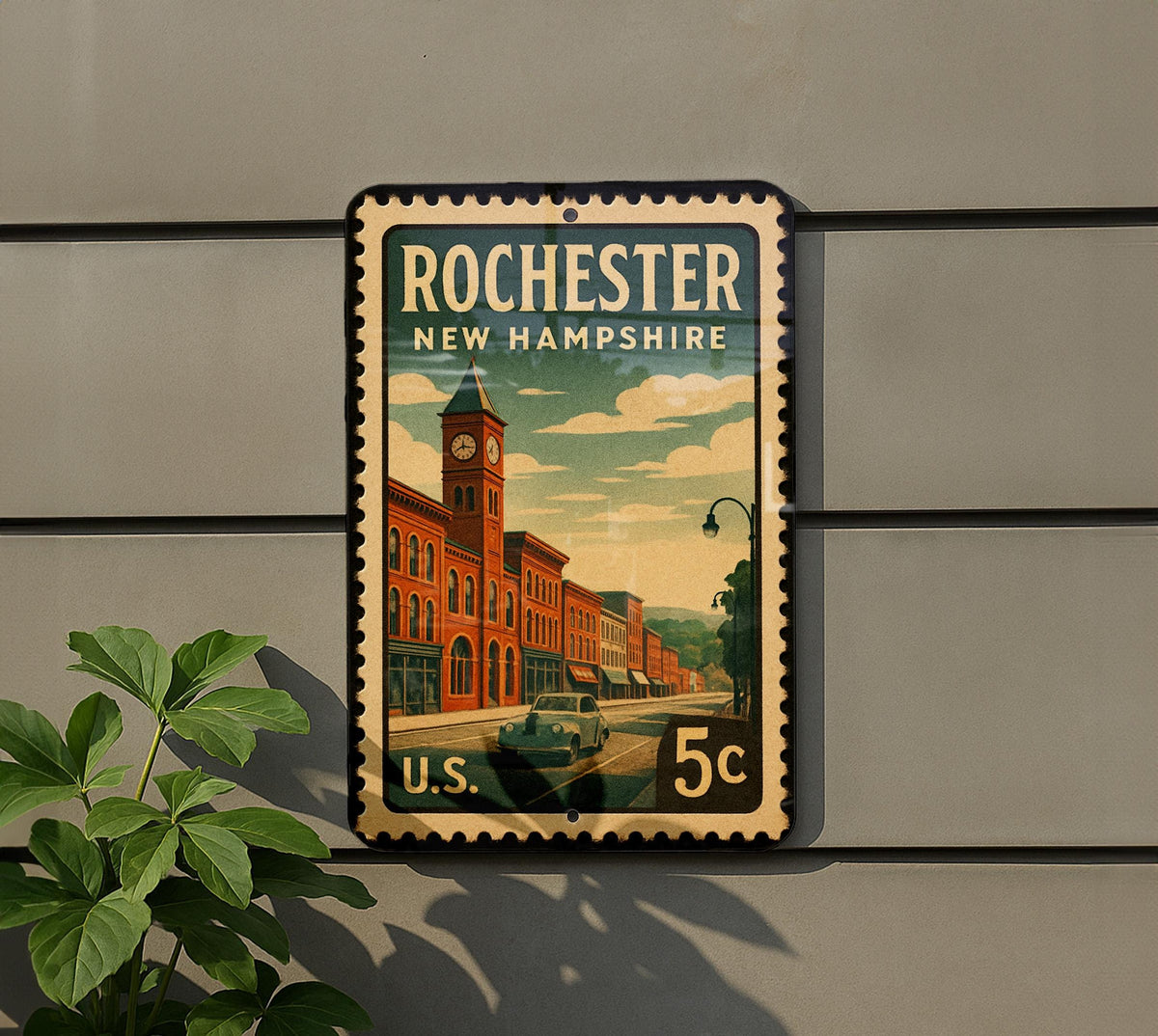 Rochester New Hampshire Metal Sign – Retro Postage Stamp Design Featuring City Name and Scenic Elements — photo 5