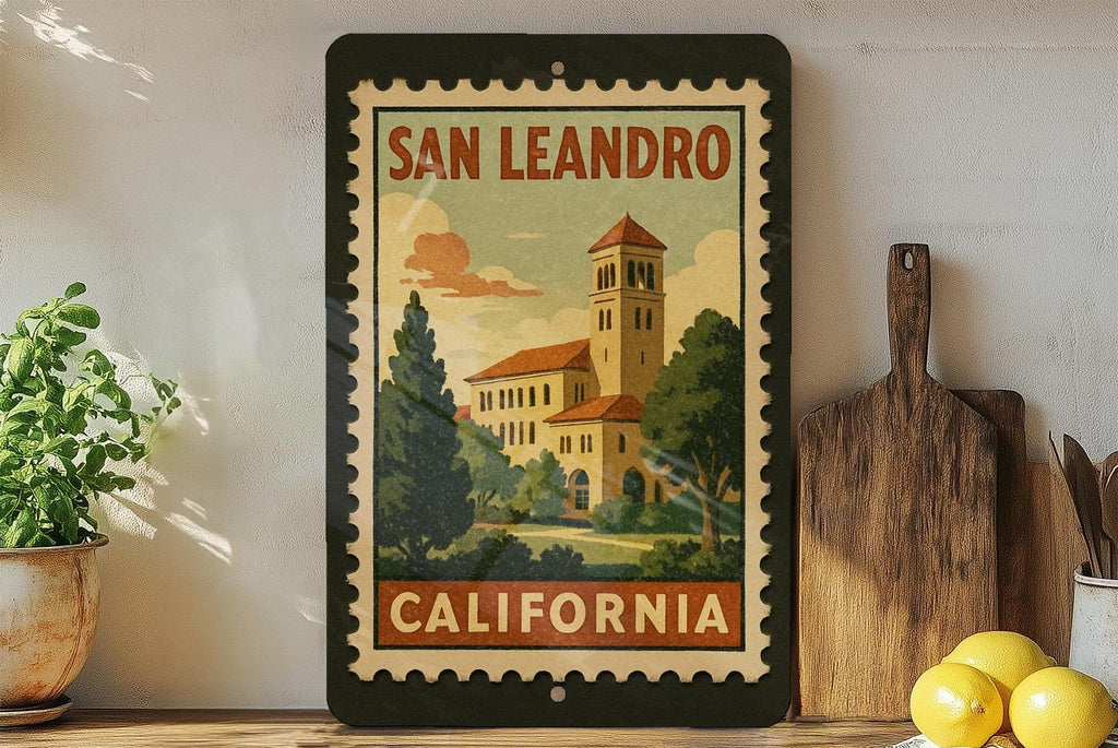 San Leandro California Metal Sign – Retro Postage Stamp Design Featuring Cityscape and Iconic Landmarks — photo 2