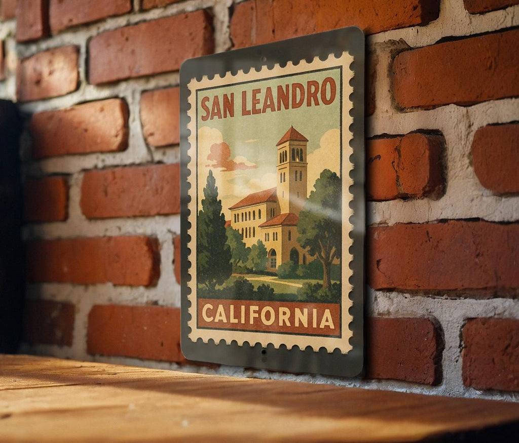 San Leandro California Metal Sign – Retro Postage Stamp Design Featuring Cityscape and Iconic Landmarks — photo 3