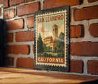 San Leandro California Metal Sign – Retro Postage Stamp Design Featuring Cityscape and Iconic Landmarks — photo 3