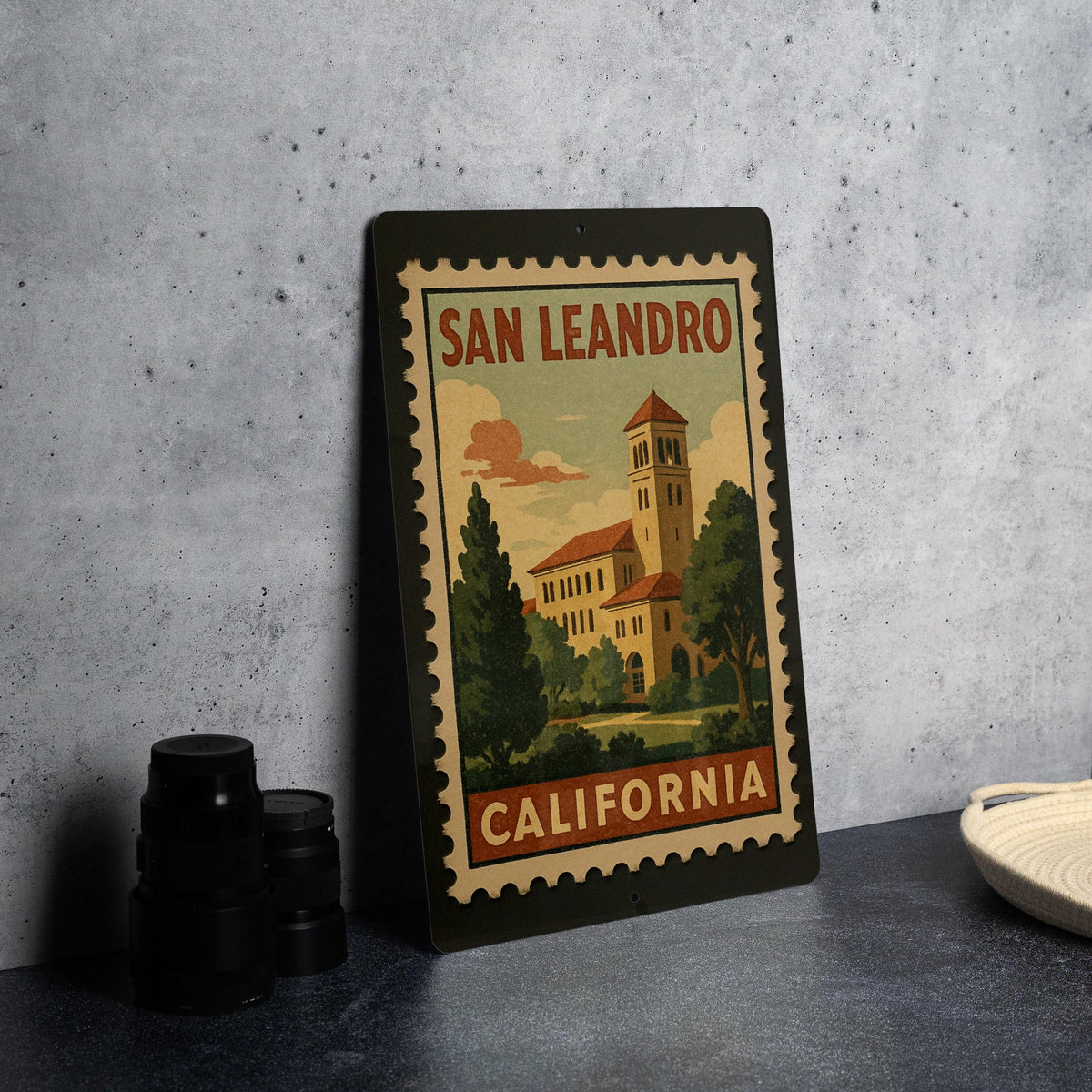 San Leandro California Metal Sign – Retro Postage Stamp Design Featuring Cityscape and Iconic Landmarks — photo 4