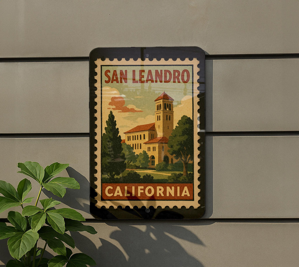 San Leandro California Metal Sign – Retro Postage Stamp Design Featuring Cityscape and Iconic Landmarks — photo 5