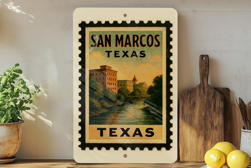 San Marcos Texas Metal Sign Featuring Retro Postage Stamp Design with Iconic Landmarks and Local Scenery — photo 1