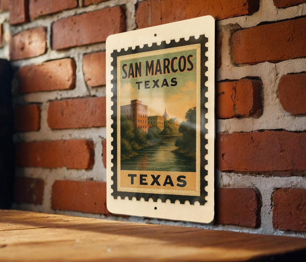 San Marcos Texas Metal Sign Featuring Retro Postage Stamp Design with Iconic Landmarks and Local Scenery — photo 2