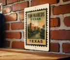 San Marcos Texas Metal Sign Featuring Retro Postage Stamp Design with Iconic Landmarks and Local Scenery — photo 2