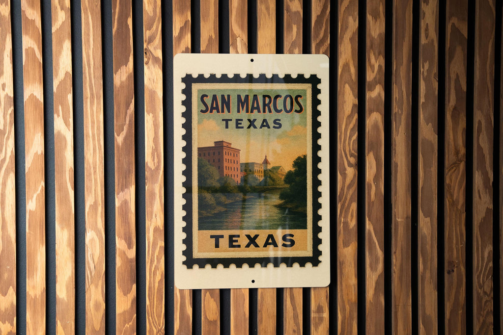 San Marcos Texas Metal Sign Featuring Retro Postage Stamp Design with Iconic Landmarks and Local Scenery — photo 3