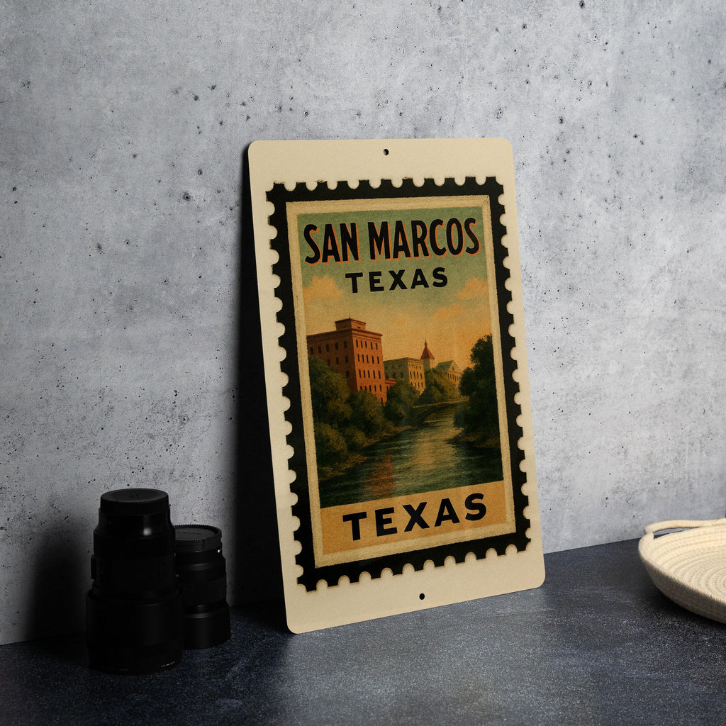 San Marcos Texas Metal Sign Featuring Retro Postage Stamp Design with Iconic Landmarks and Local Scenery — photo 4