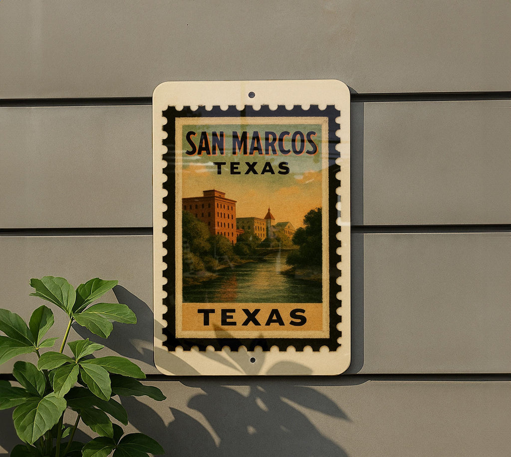 San Marcos Texas Metal Sign Featuring Retro Postage Stamp Design with Iconic Landmarks and Local Scenery — photo 5