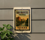 San Marcos Texas Metal Sign Featuring Retro Postage Stamp Design with Iconic Landmarks and Local Scenery — photo 5