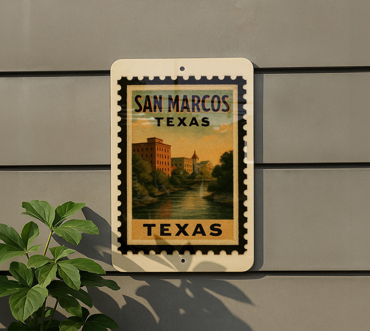 San Marcos Texas Metal Sign Featuring Retro Postage Stamp Design with Iconic Landmarks and Local Scenery — photo 5