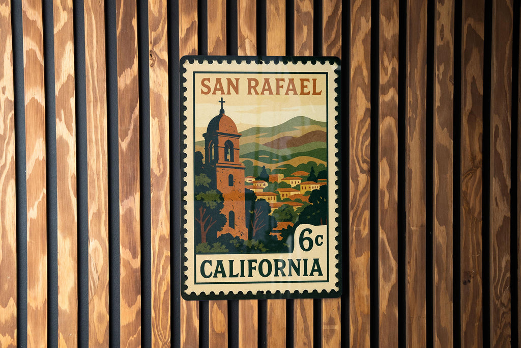 San Rafael California Metal Sign – Retro Postage Stamp Design Featuring Scenic Landscape and Iconic Landmarks — photo 1