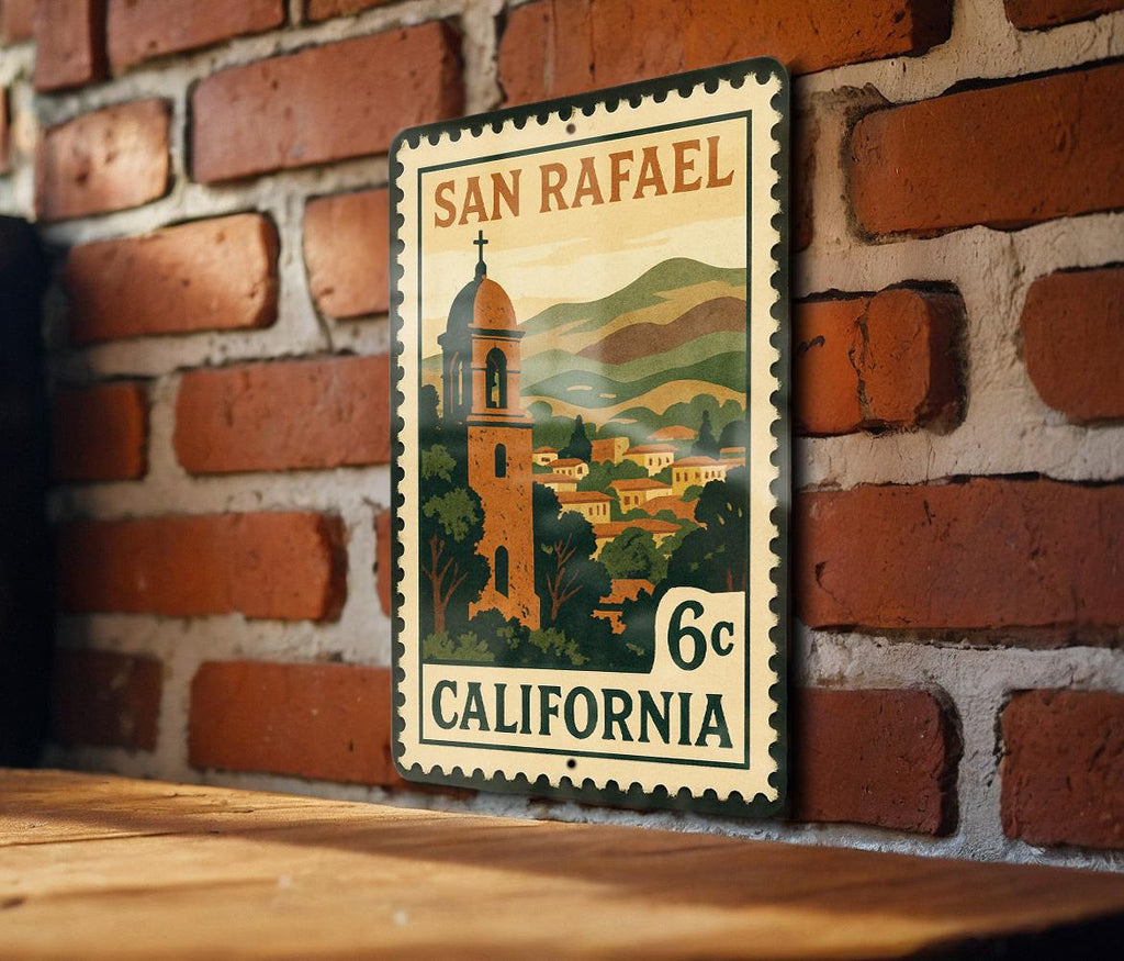 San Rafael California Metal Sign – Retro Postage Stamp Design Featuring Scenic Landscape and Iconic Landmarks — photo 3