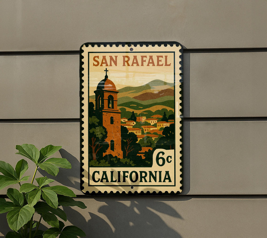 San Rafael California Metal Sign – Retro Postage Stamp Design Featuring Scenic Landscape and Iconic Landmarks — photo 5