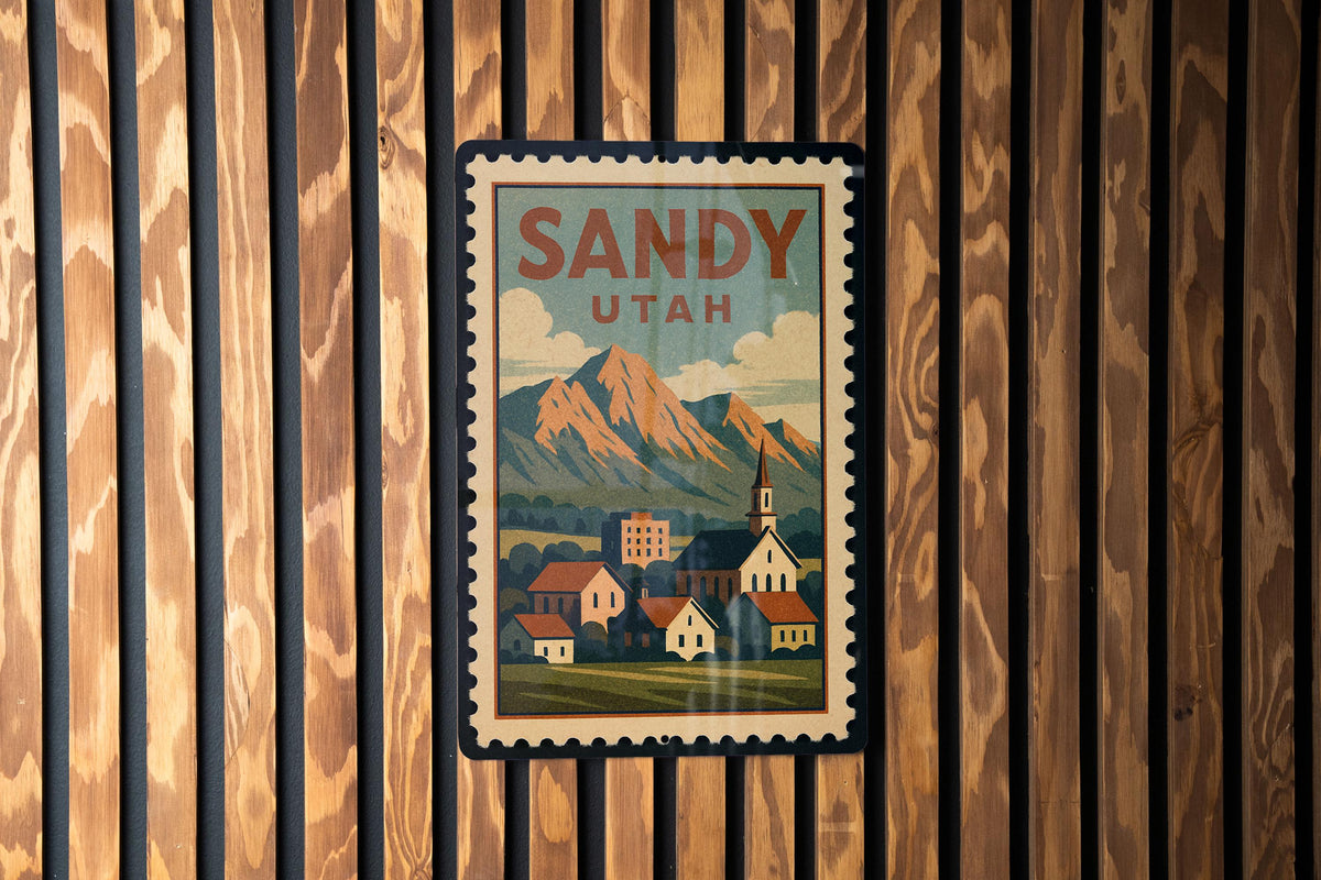 Sandy Utah Metal Sign Featuring Retro Postage Stamp Design of Scenic Desert Landscape and Mountains — photo 1