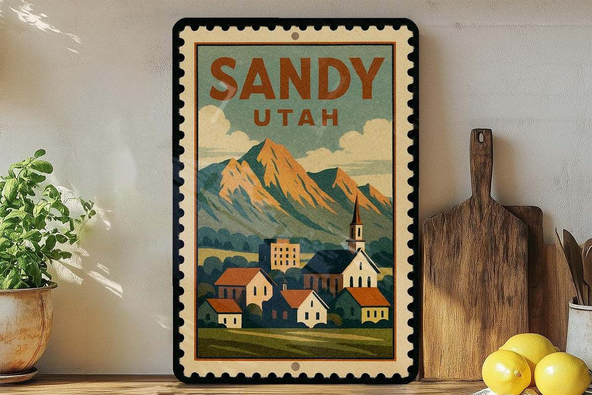 Sandy Utah Metal Sign Featuring Retro Postage Stamp Design of Scenic Desert Landscape and Mountains — photo 3