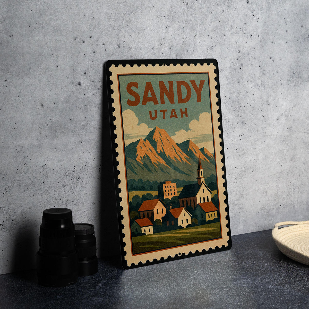 Sandy Utah Metal Sign Featuring Retro Postage Stamp Design of Scenic Desert Landscape and Mountains — photo 4