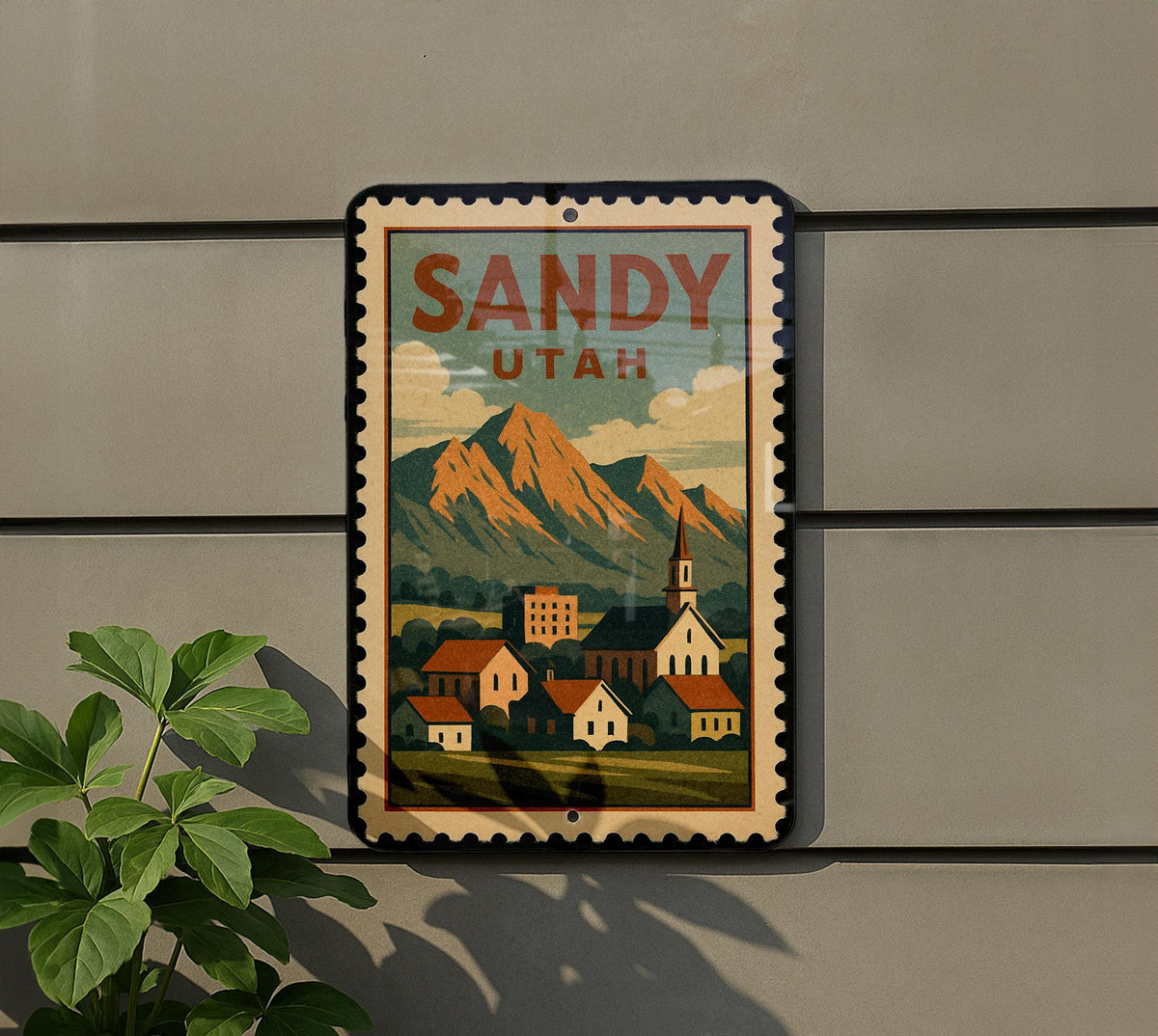 Sandy Utah Metal Sign Featuring Retro Postage Stamp Design of Scenic Desert Landscape and Mountains — photo 5