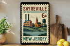 Sayreville New Jersey Metal Sign – Retro Postage Stamp Design Featuring Iconic Town Name and Vintage Travel Theme — photo 1