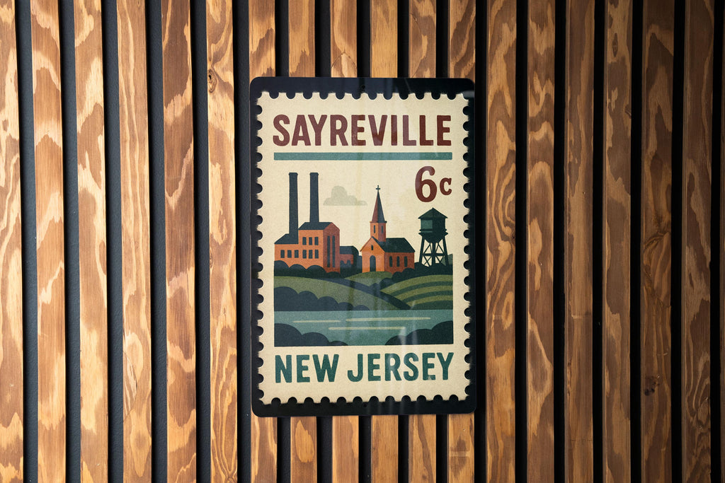 Sayreville New Jersey Metal Sign – Retro Postage Stamp Design Featuring Iconic Town Name and Vintage Travel Theme — photo 3