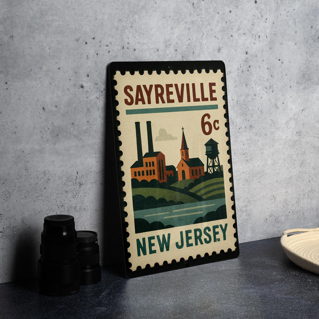 Sayreville New Jersey Metal Sign – Retro Postage Stamp Design Featuring Iconic Town Name and Vintage Travel Theme — photo 4