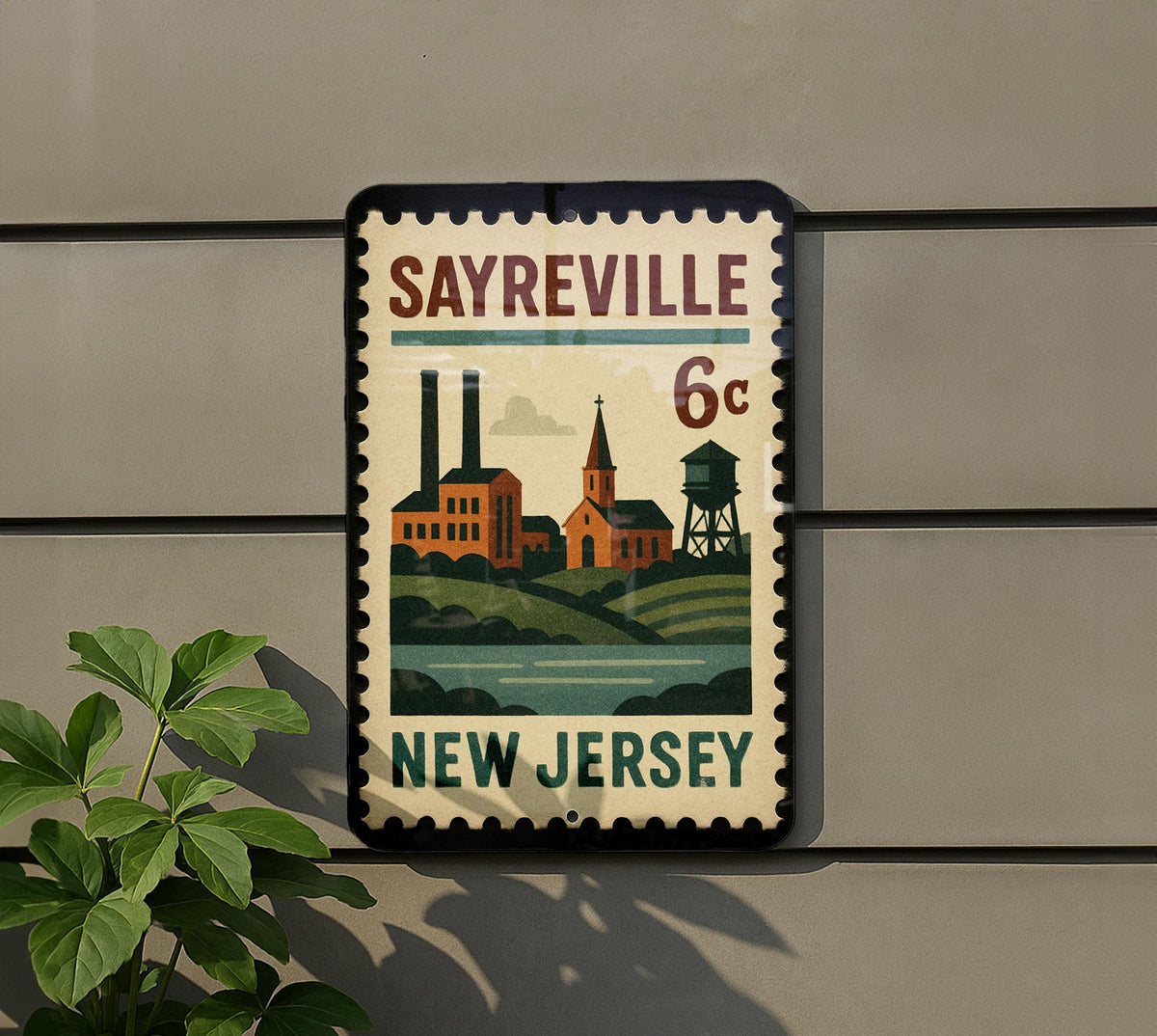 Sayreville New Jersey Metal Sign – Retro Postage Stamp Design Featuring Iconic Town Name and Vintage Travel Theme — photo 5