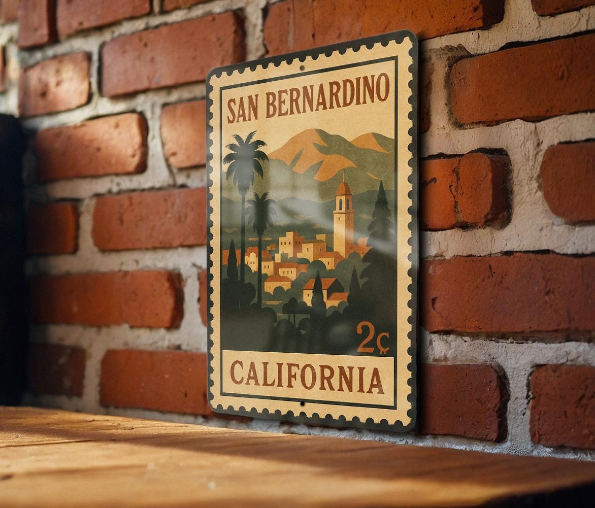 San Bernardino California Postage Stamp Metal Sign – Vintage Travel Souvenir Decorative Wall Art — photo 1