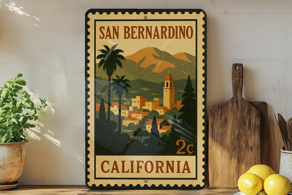 San Bernardino California Postage Stamp Metal Sign – Vintage Travel Souvenir Decorative Wall Art — photo 2