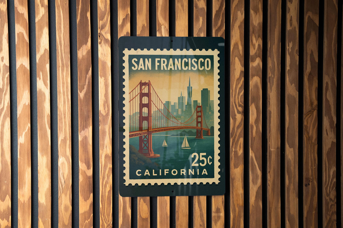 San Francisco California Metal Sign – Retro Postage Stamp Design Featuring Golden Gate Bridge and City Landmarks — photo 1