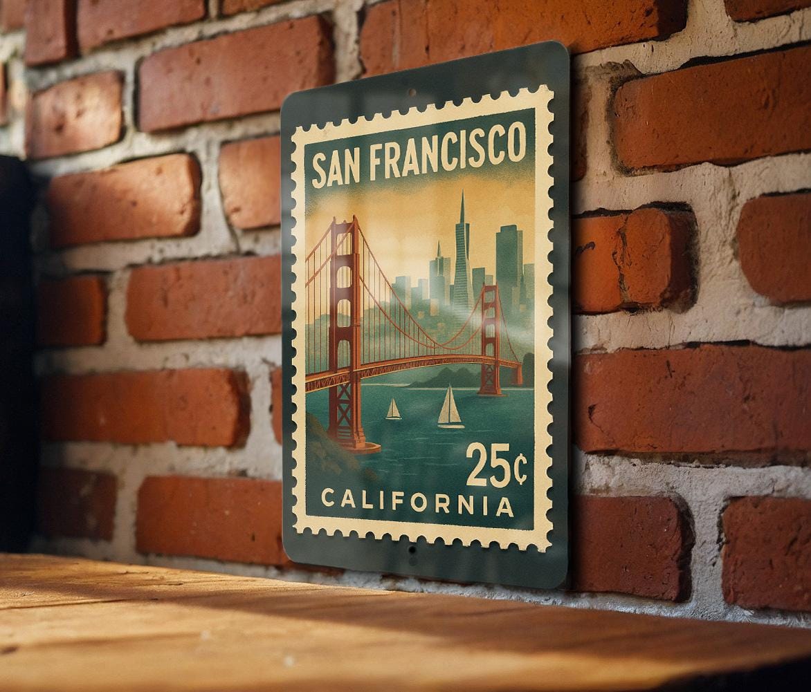 San Francisco California Metal Sign – Retro Postage Stamp Design Featuring Golden Gate Bridge and City Landmarks — photo 2