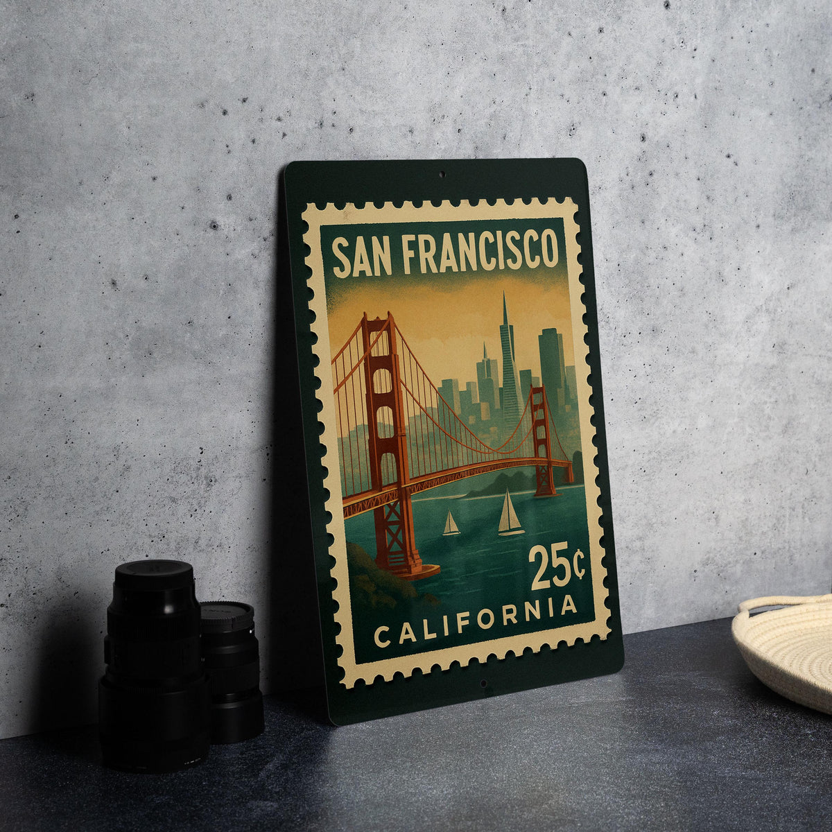 San Francisco California Metal Sign – Retro Postage Stamp Design Featuring Golden Gate Bridge and City Landmarks — photo 4