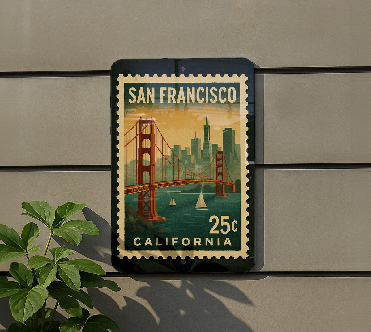 San Francisco California Metal Sign – Retro Postage Stamp Design Featuring Golden Gate Bridge and City Landmarks — photo 5