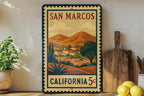 San Marcos California Metal Sign Featuring Retro Postage Stamp Design with Scenic Landmark and City Name Display — photo 1