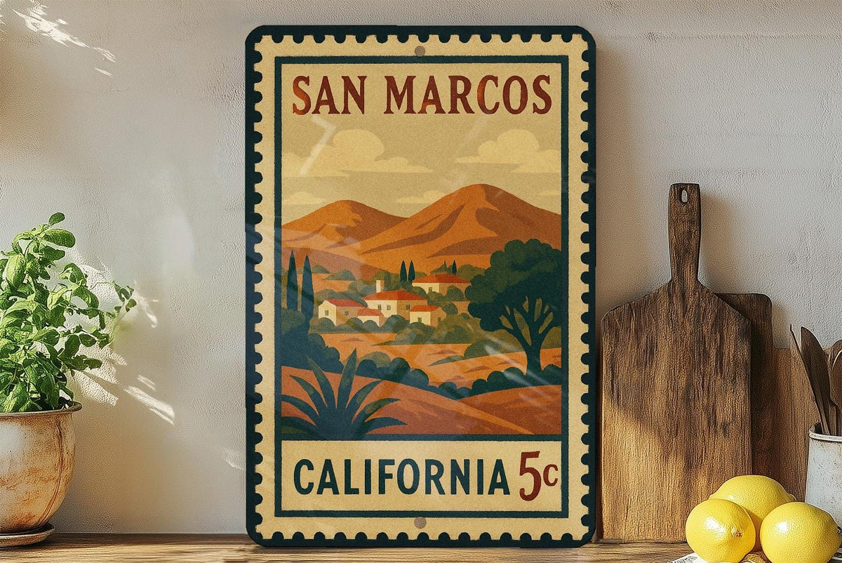 San Marcos California Metal Sign Featuring Retro Postage Stamp Design with Scenic Landmark and City Name Display — photo 1