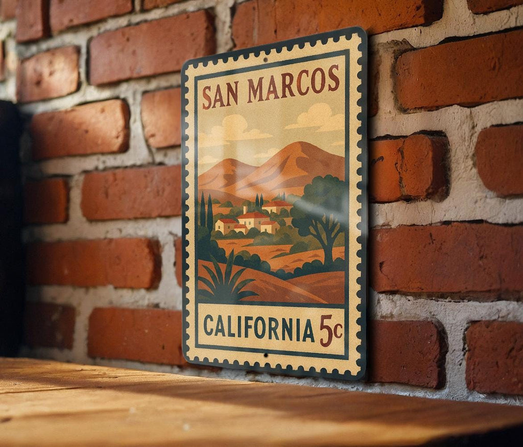 San Marcos California Metal Sign Featuring Retro Postage Stamp Design with Scenic Landmark and City Name Display — photo 2