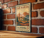 San Marcos California Metal Sign Featuring Retro Postage Stamp Design with Scenic Landmark and City Name Display — photo 2
