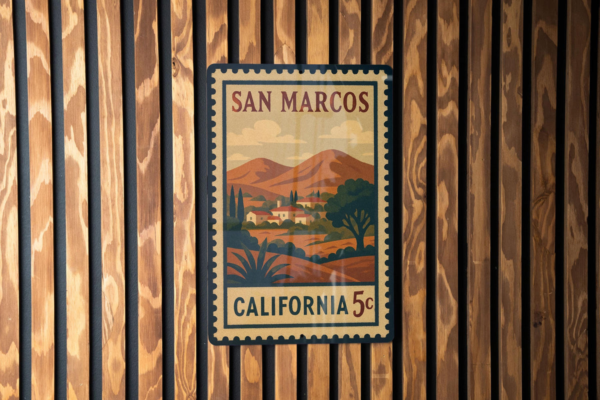 San Marcos California Metal Sign Featuring Retro Postage Stamp Design with Scenic Landmark and City Name Display — photo 3