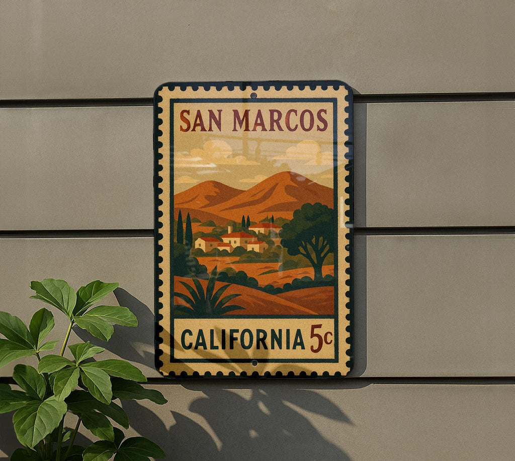 San Marcos California Metal Sign Featuring Retro Postage Stamp Design with Scenic Landmark and City Name Display — photo 5