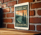 Shoreline Washington Metal Sign – Retro Postage Stamp Design Featuring Coastal Town Scene and Pacific Northwest Theme — photo 1