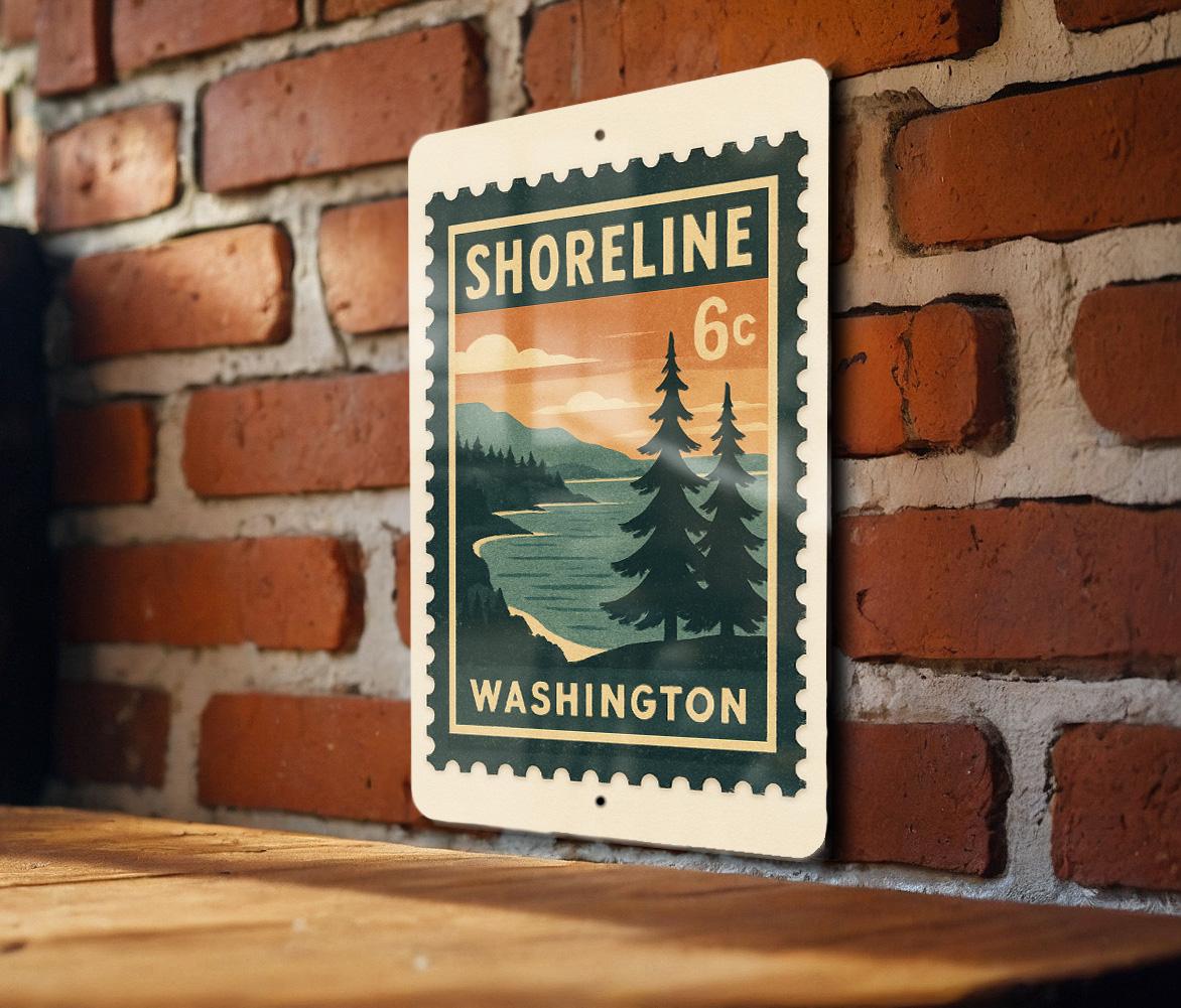 Shoreline Washington Metal Sign – Retro Postage Stamp Design Featuring Coastal Town Scene and Pacific Northwest Theme — photo 1