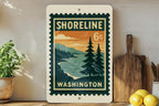 Shoreline Washington Metal Sign – Retro Postage Stamp Design Featuring Coastal Town Scene and Pacific Northwest Theme — photo 2