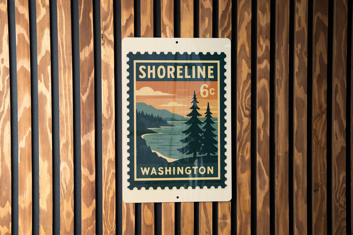 Shoreline Washington Metal Sign – Retro Postage Stamp Design Featuring Coastal Town Scene and Pacific Northwest Theme — photo 3